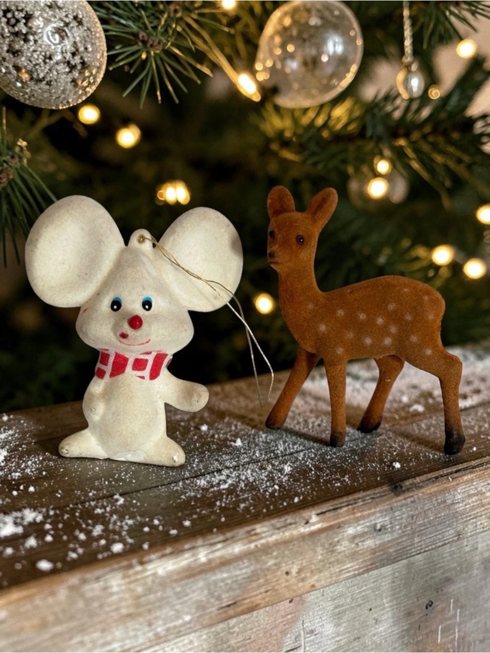 2 VTG Flocked Christmas decor tan Deer figure White Mouse ornament Approx. 3”